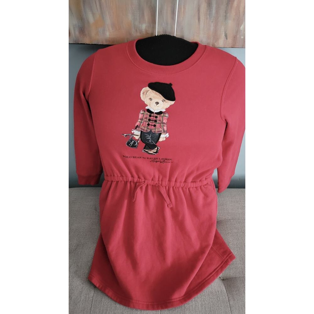 Polo Ralph Lauren Girls Dress Size 7 Red Polo Bear Long Sleeve Sweater Dress
